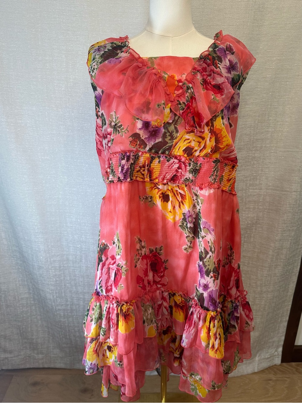 Denim 24/7 Cottagecore, Ruffle, Rosy Coral Floral Print Ruffle Dress